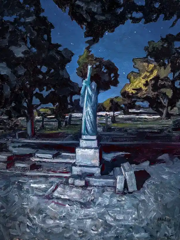 An oil painting depicts a blue statue of a robed figure standing on a stone pedestal in a cemetery, surrounded by dark trees…
