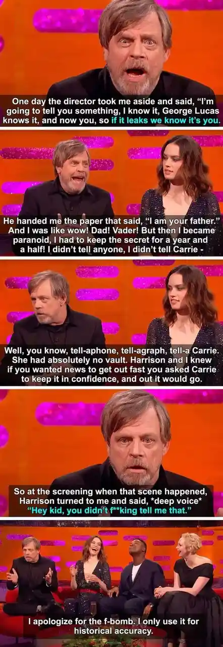 A five-panel meme featuring Mark Hamill recounting a story from a talk show interview. He describes being told the 'I am…