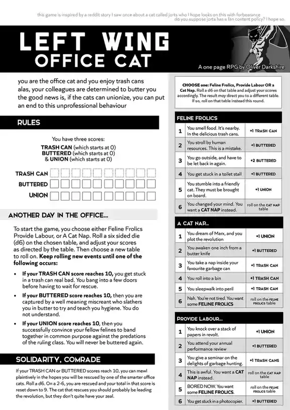 This image is a one-page role-playing game titled 'Left Wing Office Cat' by Oliver Darkshire. It features a satirical RPG…