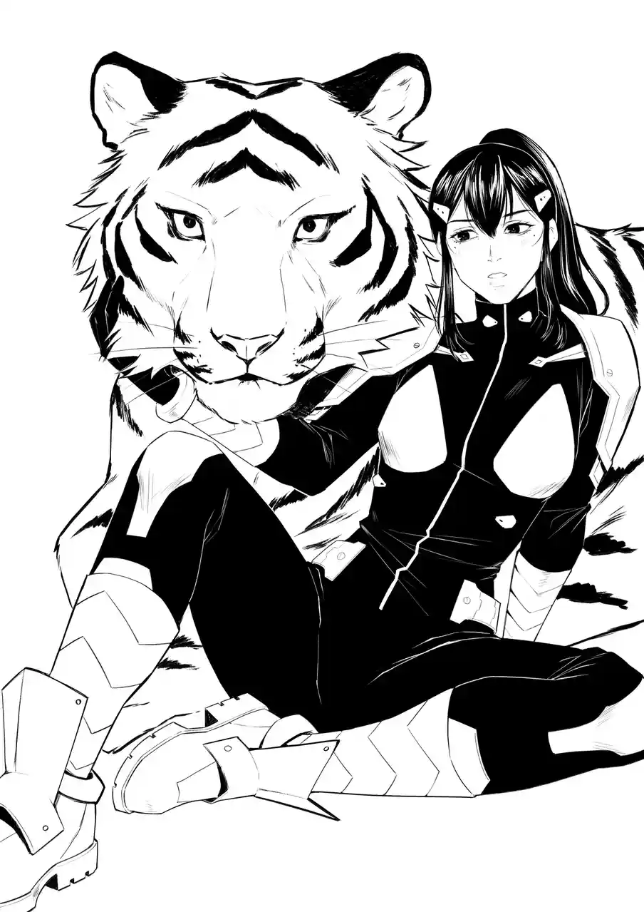 A black-and-white anime-style illustration shows a female character with long dark hair and a futuristic armored outfit…