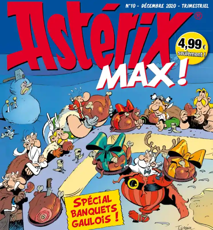The cover of Asterix Max! magazine issue #10 from December 2020, featuring cartoon Gauls feasting on roasted chickens and…