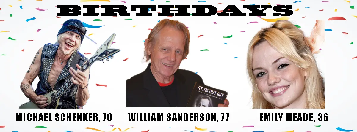 A celebratory birthday meme featuring three celebrities: Michael Schenker (70) holding a guitar, William Sanderson (77)…