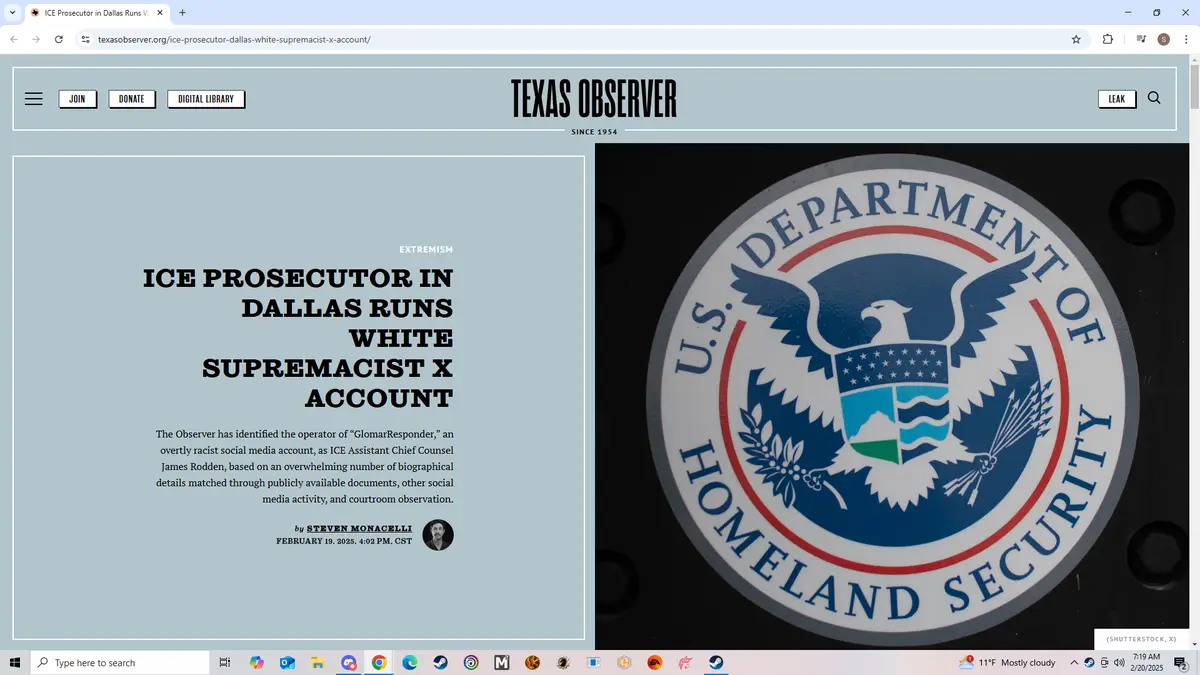 A screenshot of a Texas Observer article titled 'ICE PROSECUTOR IN DALLAS RUNS WHITE SUPREMACIST X ACCOUNT' is displayed…