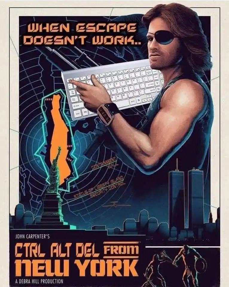 A muscular man with long hair and an eyepatch holds a keyboard like a weapon, pointing at it. Behind him is a stylized…