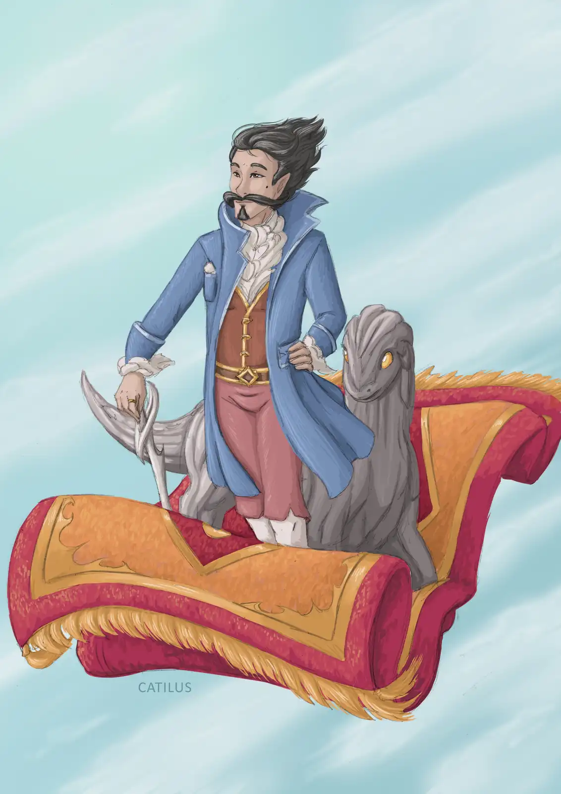 A man with dark hair and a mustache, dressed in a blue coat, white cravat, and pink pants, stands confidently atop a large…
