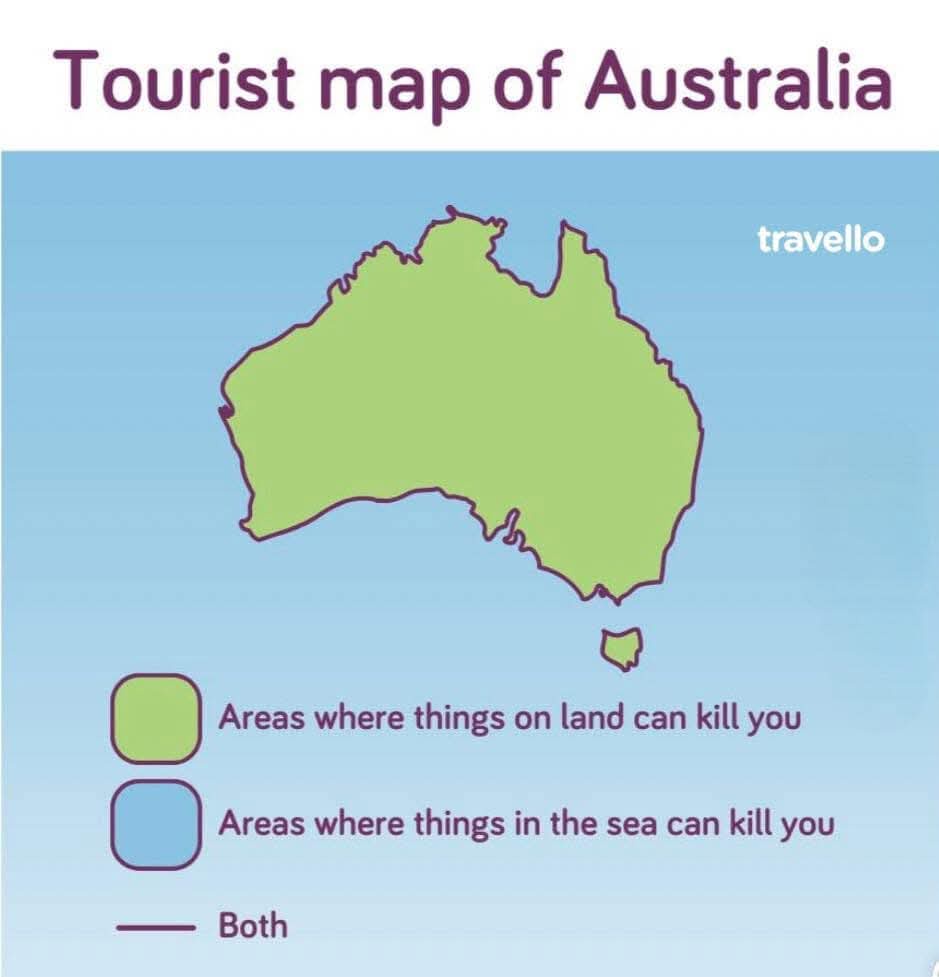 A simplified tourist map of Australia with a green landmass and blue ocean, overlaid with a legend indicating 'Areas where…