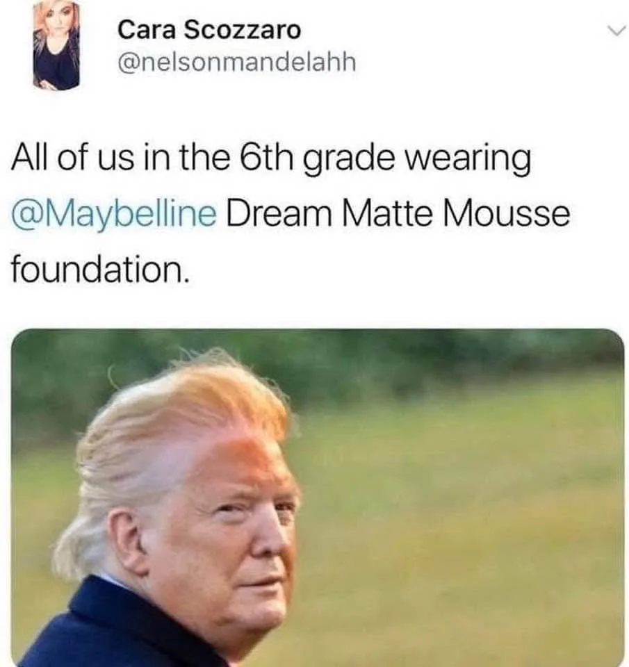 A screenshot of a tweet by Cara Scozzaro (@nelsonmandelahh) that reads 'All of us in the 6th grade wearing @Maybelline Dream…