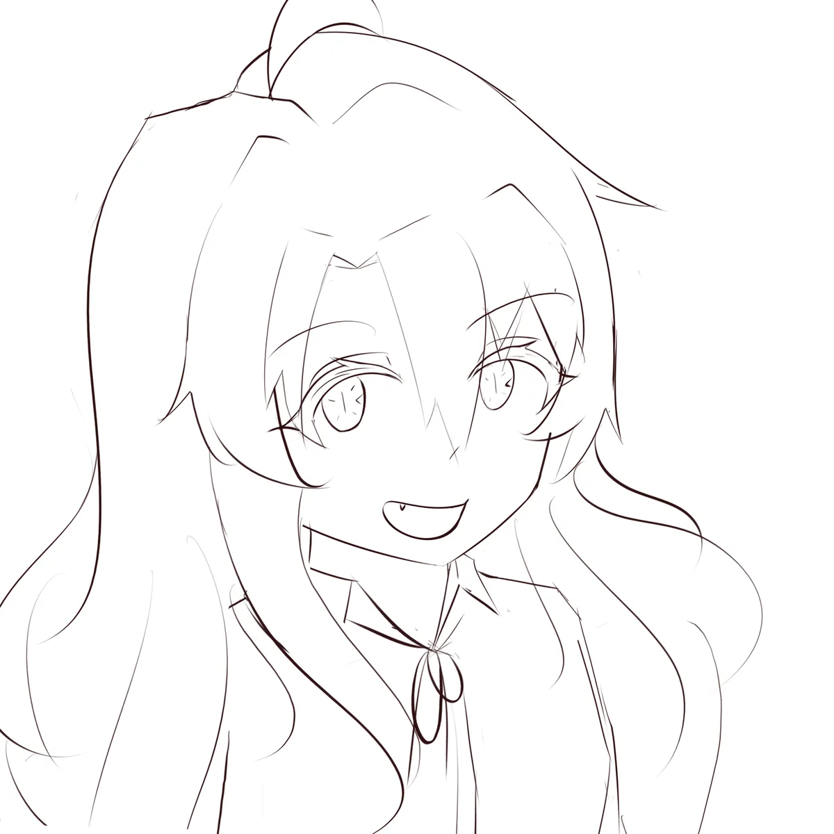 A black-and-white line art sketch of an anime-style female character with long hair, wide eyes, and a big smile showing…