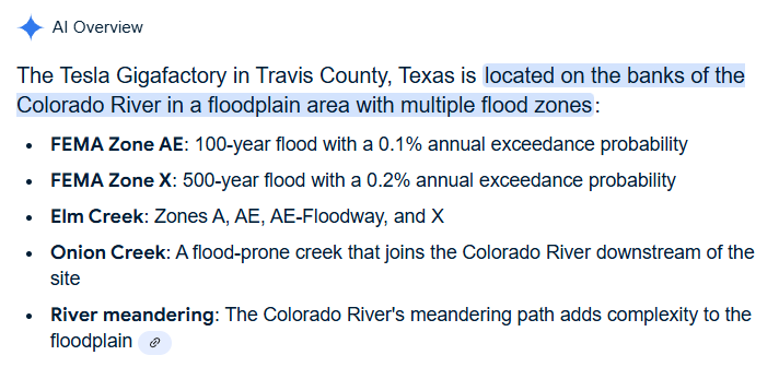 A screenshot of a text document highlighting flood zone information for the Tesla Gigafactory in Texas. The text lists FEMA…