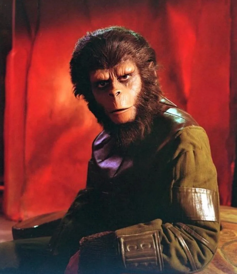 A still image of the character Cornelius from the 1972 film 'Planet of the Apes', shown in a close-up shot wearing a dark…