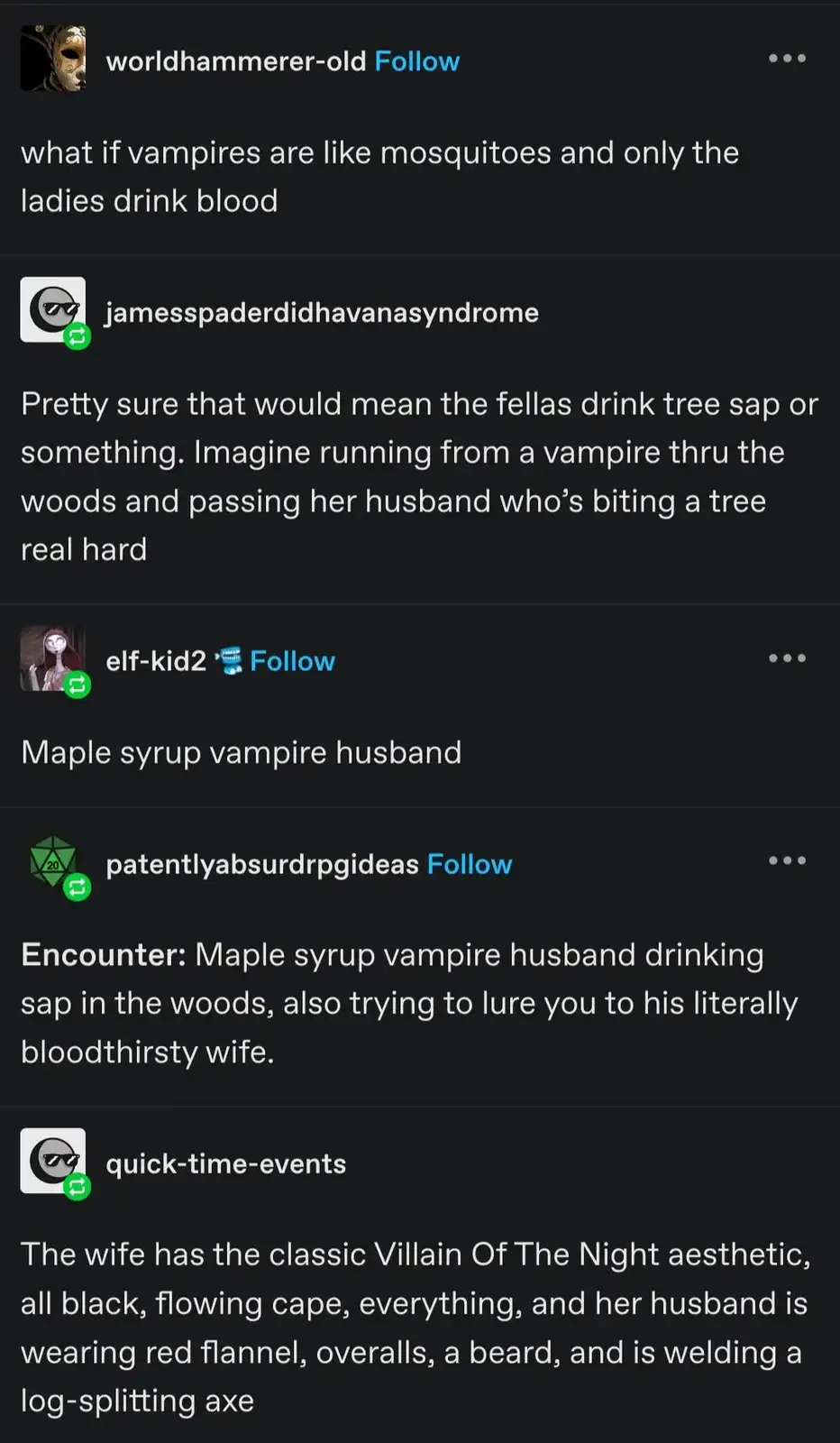 A screenshot of a social media thread where users humorously debate vampire biology, suggesting male vampires drink tree sap…