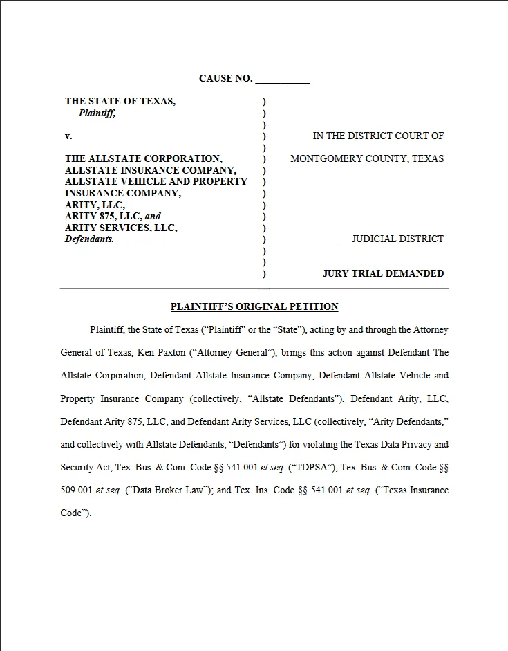 A legal document titled 'PLAINTIFF'S ORIGINAL PETITION' from the State of Texas against Allstate and Arity companies…