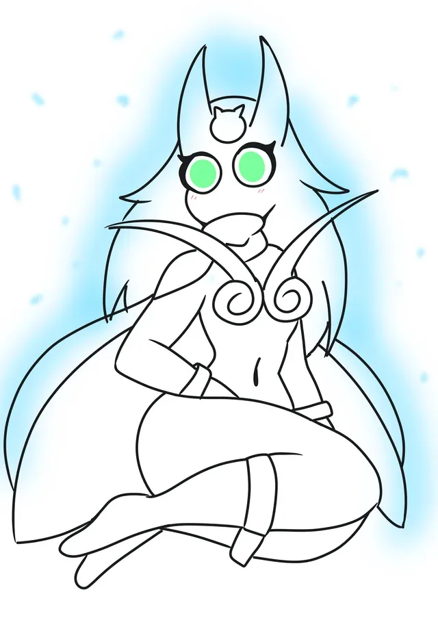 A line-art drawing of a stylized, anime-inspired female character with large green eyes, pointed ears, and a flowing cape…