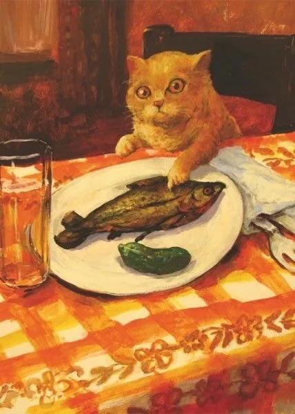 A painting of an orange tabby cat sitting at a dining table, one paw resting on a white plate holding a whole cooked fish…