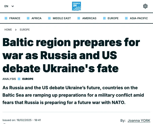 A screenshot of a France 24 news article with the headline 'Baltic region prepares for war as Russia and US debate Ukraine's…
