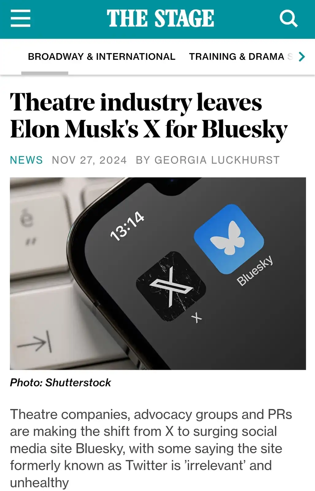 A screenshot of a news article from 'The Stage' dated November 27, 2024, with the headline 'Theatre industry leaves Elon…