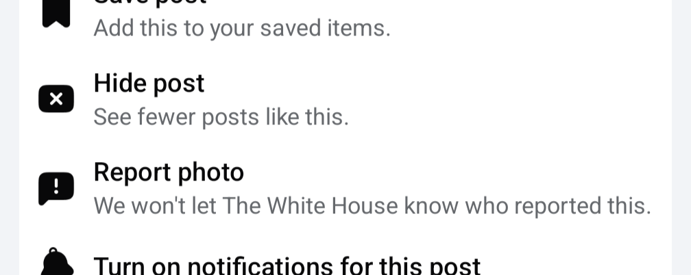 A screenshot of a social media post's options menu showing 'Save post', 'Hide post', 'Report photo', and 'Turn on…