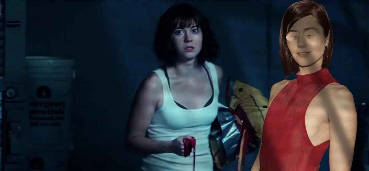 A split image shows a woman in a white tank top looking terrified while holding a red object, next to a digitally inserted…