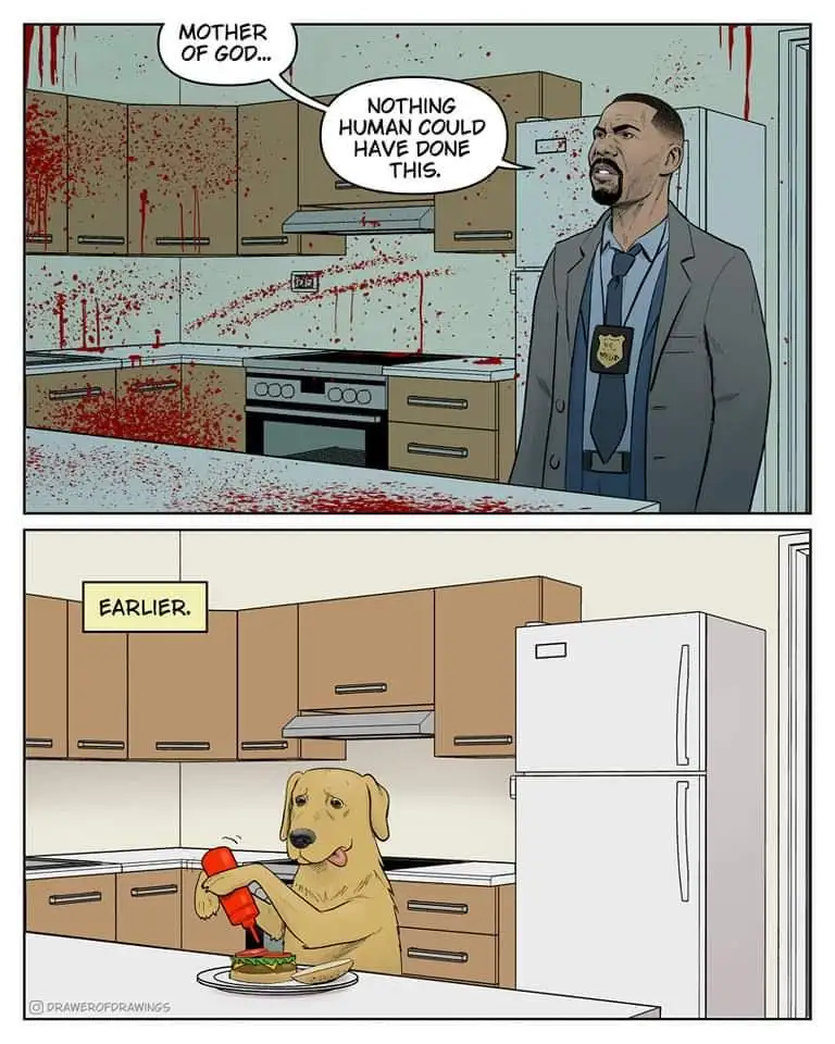 A two-panel comic shows a police officer in a blood-splattered kitchen exclaiming 'MOTHER OF GOD... NOTHING HUMAN COULD HAVE…
