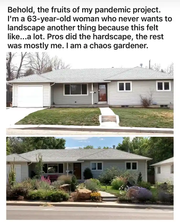 The image shows two photos of the same house: the top one has a simple lawn and sidewalk, while the bottom one is lush with…