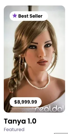 An e-commerce product listing for a hyper-realistic silicone doll named 'Tanya 1.0' priced at $8,999.99, marked as a 'Best…