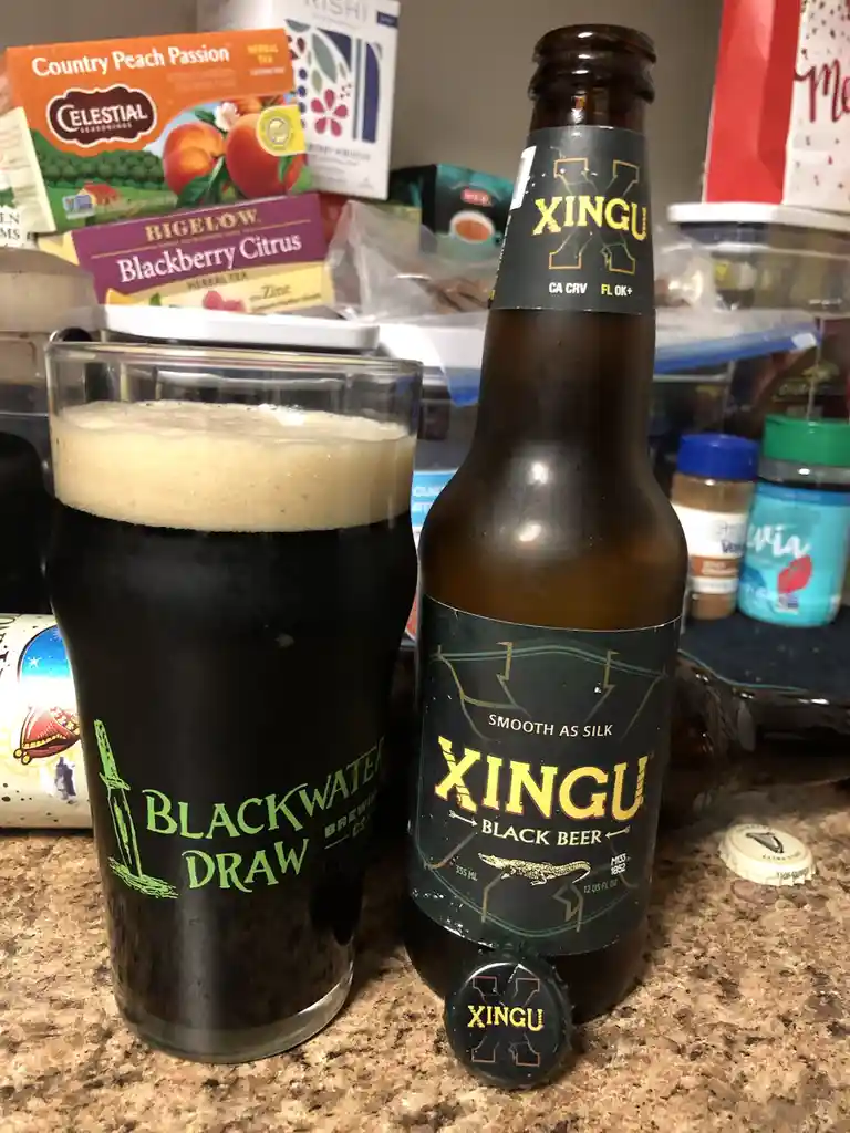 A bottle of Xingu Black Beer sits next to a full glass of the same dark beer on a kitchen counter, with the bottle cap…
