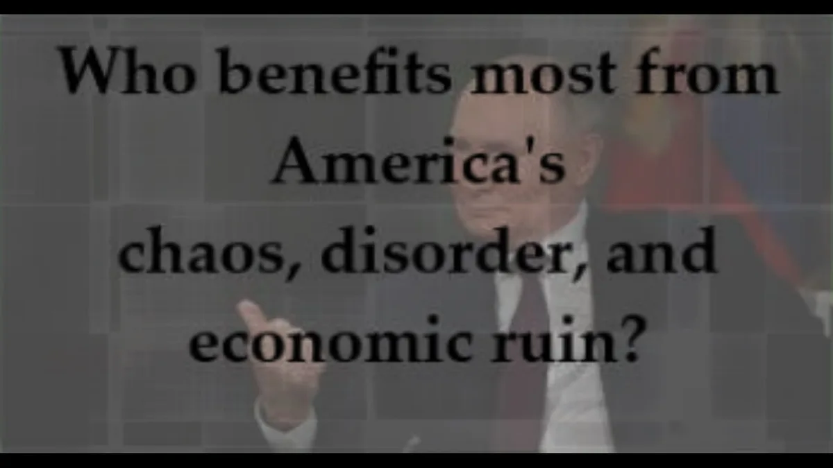 A grayscale image of Vladimir Putin pointing forward, overlaid with bold black text asking 'Who benefits most from America's…