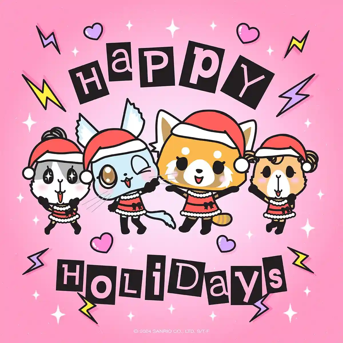 Four cute, cartoon animal characters wearing red Santa hats and matching red-and-white dresses are joyfully posing against a…