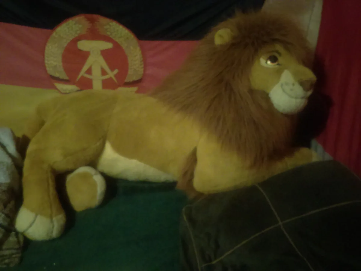 A large, tan plush lion toy with a shaggy mane lies on a green surface, positioned in front of a flag featuring a red field…