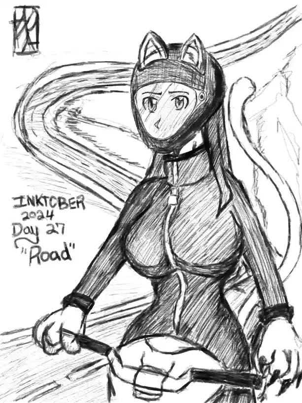 A black-and-white sketch of an anime-style female character wearing a cat-ear helmet and riding a motorcycle, with motion…