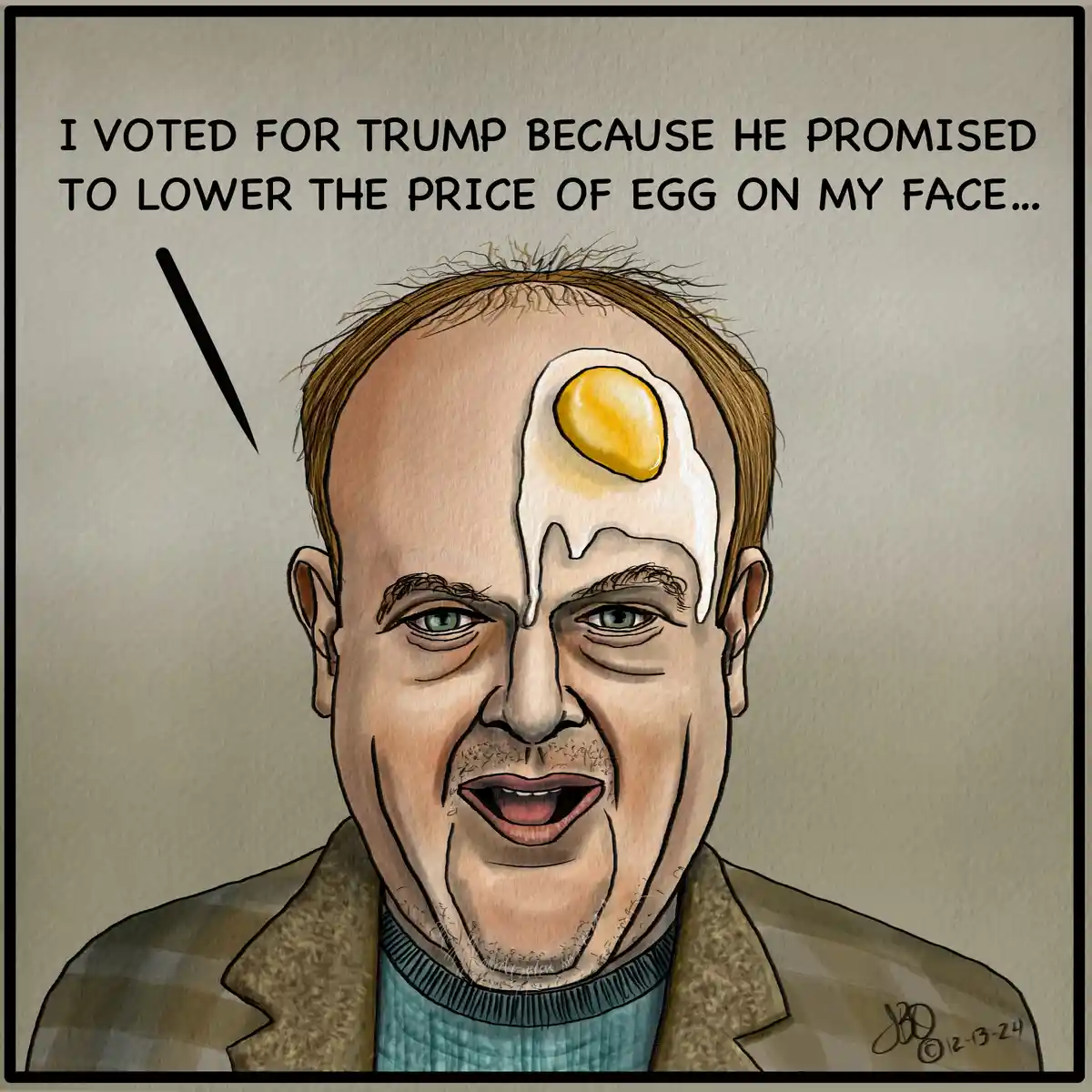 A cartoon illustration shows a man with a fried egg on his forehead, looking surprised. The text above him reads, 'I VOTED…