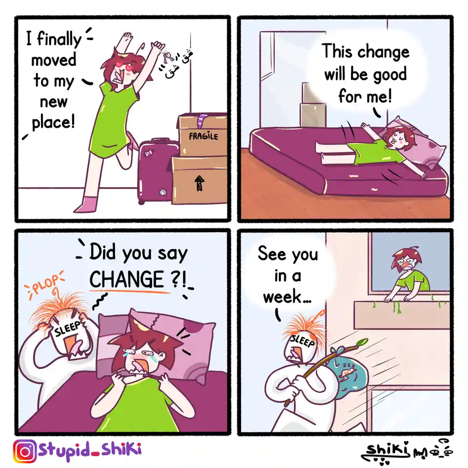 A four-panel comic shows a girl celebrating moving into a new place with boxes and a suitcase, then lying on a mattress…