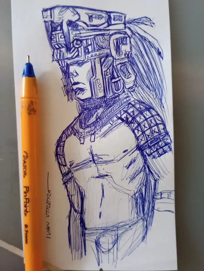 A blue ink sketch on white paper depicts a stylized, heavily armored warrior figure with intricate headgear and shoulder…