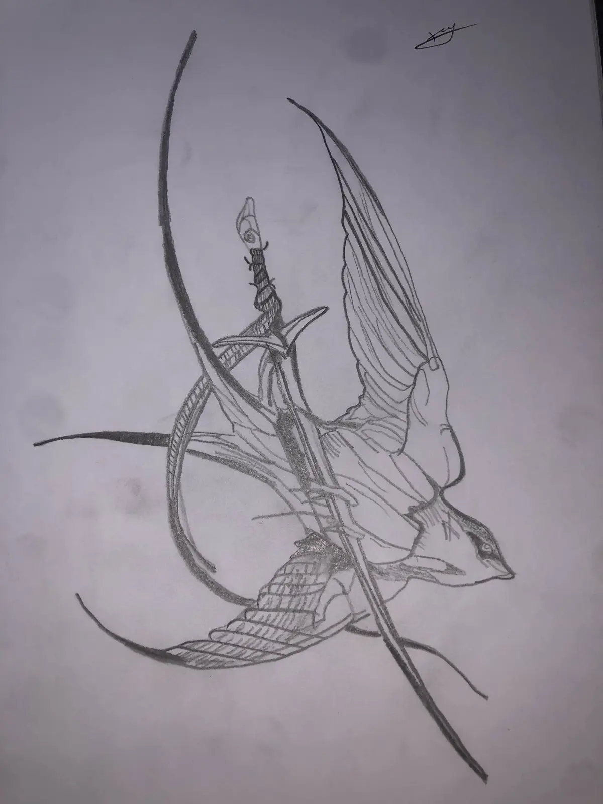 A pencil sketch on paper depicts a stylized bird with large, detailed wings, holding a sword vertically in its beak. The…