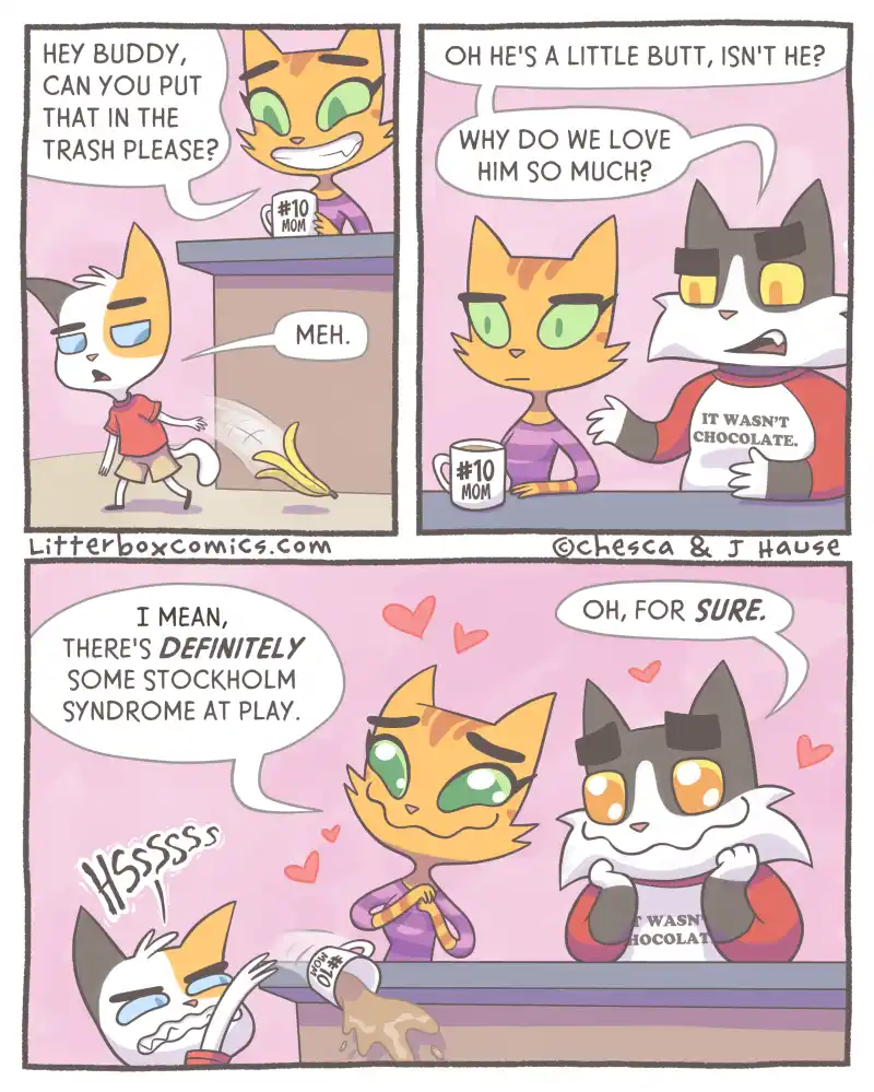 A three-panel comic strip featuring cartoon cats. In the first panel, a cat asks another to put a banana peel in the trash…