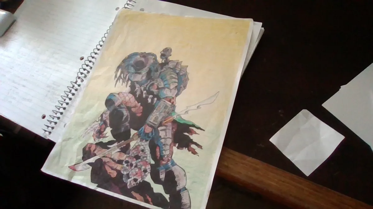 A hand-drawn illustration of a heavily armored, menacing fantasy warrior with a sword, rendered on a sheet of paper placed…