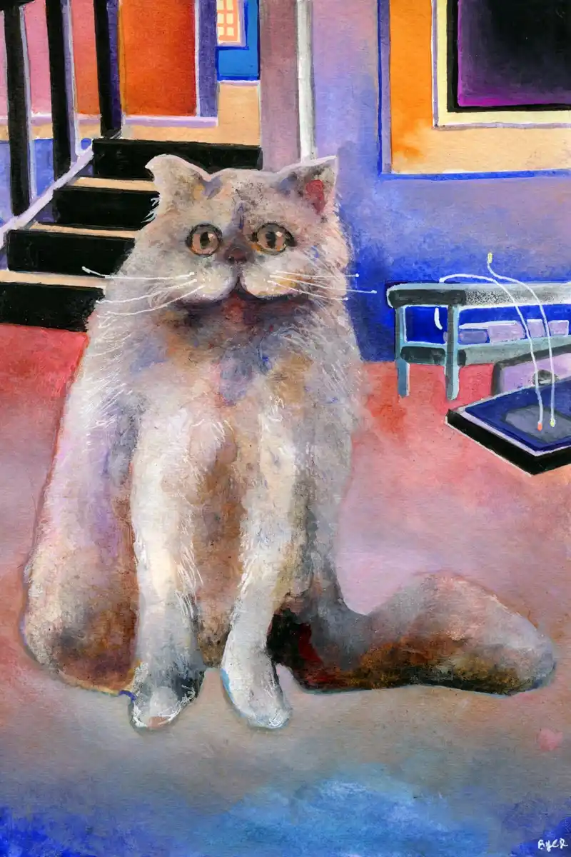 A watercolor painting of a fluffy, long-haired cat sitting upright on a colorful floor, looking directly at the viewer with…