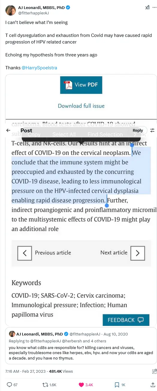 A screenshot of a tweet by AJ Leonardi, MBBS, PhD, showing a highlighted excerpt from a scientific paper. The text discusses…
