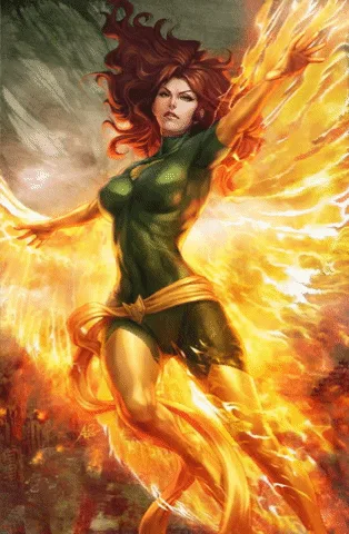 The image displays a comic book illustration of the superheroine Jean Grey, also known as Phoenix, surrounded by flames and…