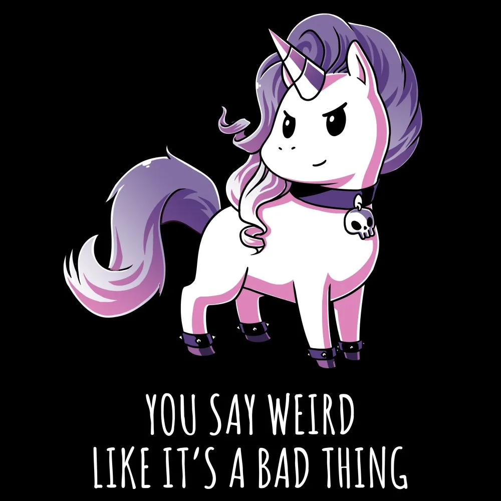 A cartoon unicorn with a punk aesthetic—purple hair, skull pendant, spiked boots—stands against a black background with an…