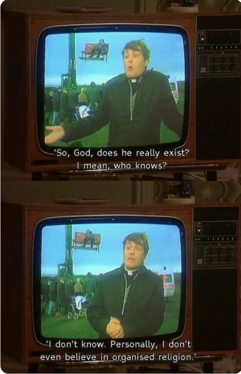 The image shows two stacked photos of an old wooden television set. Both show a man in a clergy collar speaking outdoors. In…
