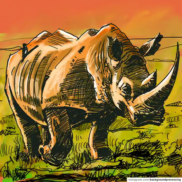 A stylized, sketchy illustration of a rhinoceros standing in a grassy field under an orange sunset sky. The rhino is…