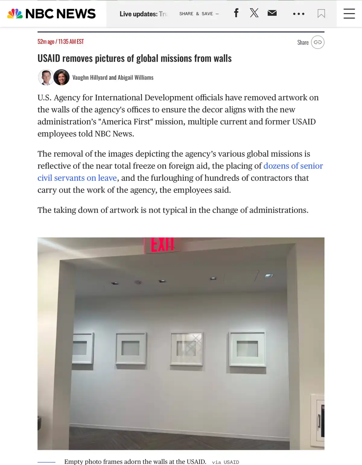 An NBC News article screenshot shows a photo of four empty white picture frames hanging on a plain white wall inside a USAID…