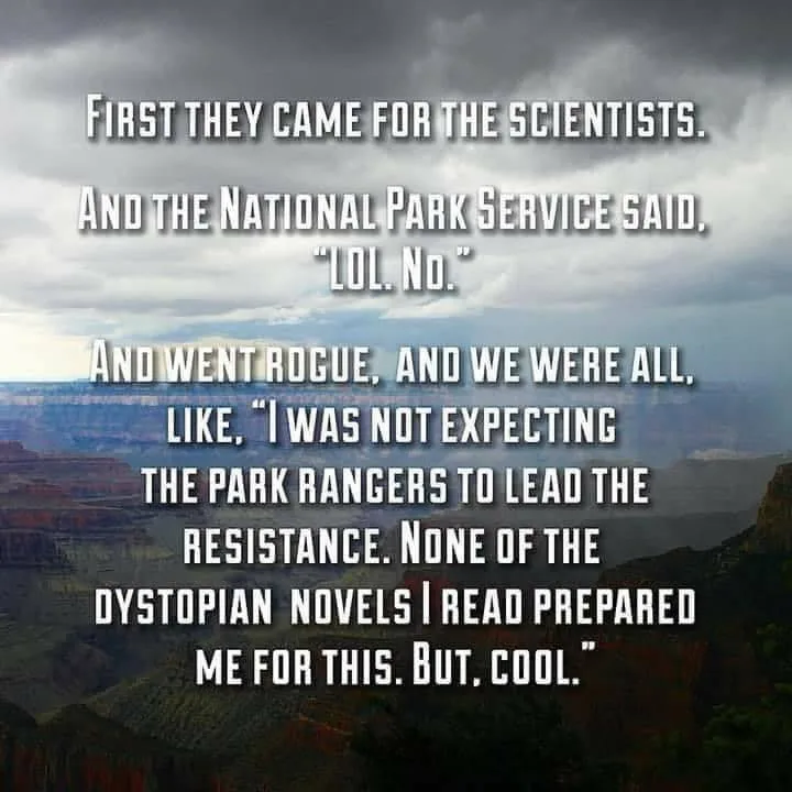 A scenic photo of a canyon under a cloudy sky has white text overlaid in a blocky font. The text is a parody of the 'They…