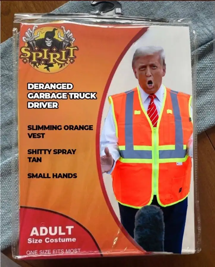 A Spirit Halloween costume package for an adult, featuring a photo of Donald Trump wearing an orange safety vest. The text…