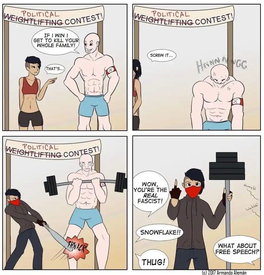 A four-panel comic depicts a 'Political Weightlifting Contest' where a muscular man with a swastika armband offers to kill…