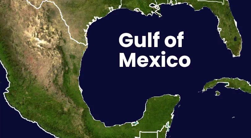 A satellite map image shows the Gulf of Mexico highlighted in dark blue, bordered by the United States (Florida), Mexico…