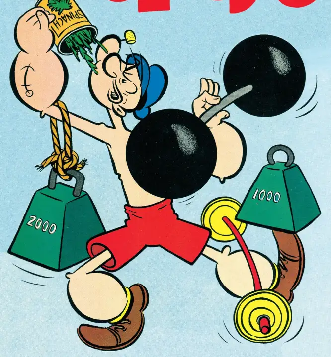 A cartoon man in red shorts is struggling to lift multiple heavy weights labeled 2000 and 1000, while pouring spinach from a…