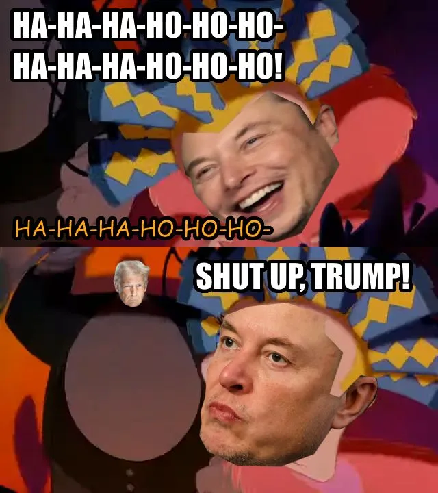 The image is a two-panel meme featuring Elon Musk's face. In the top panel, he is laughing with a clown-like hat and the…