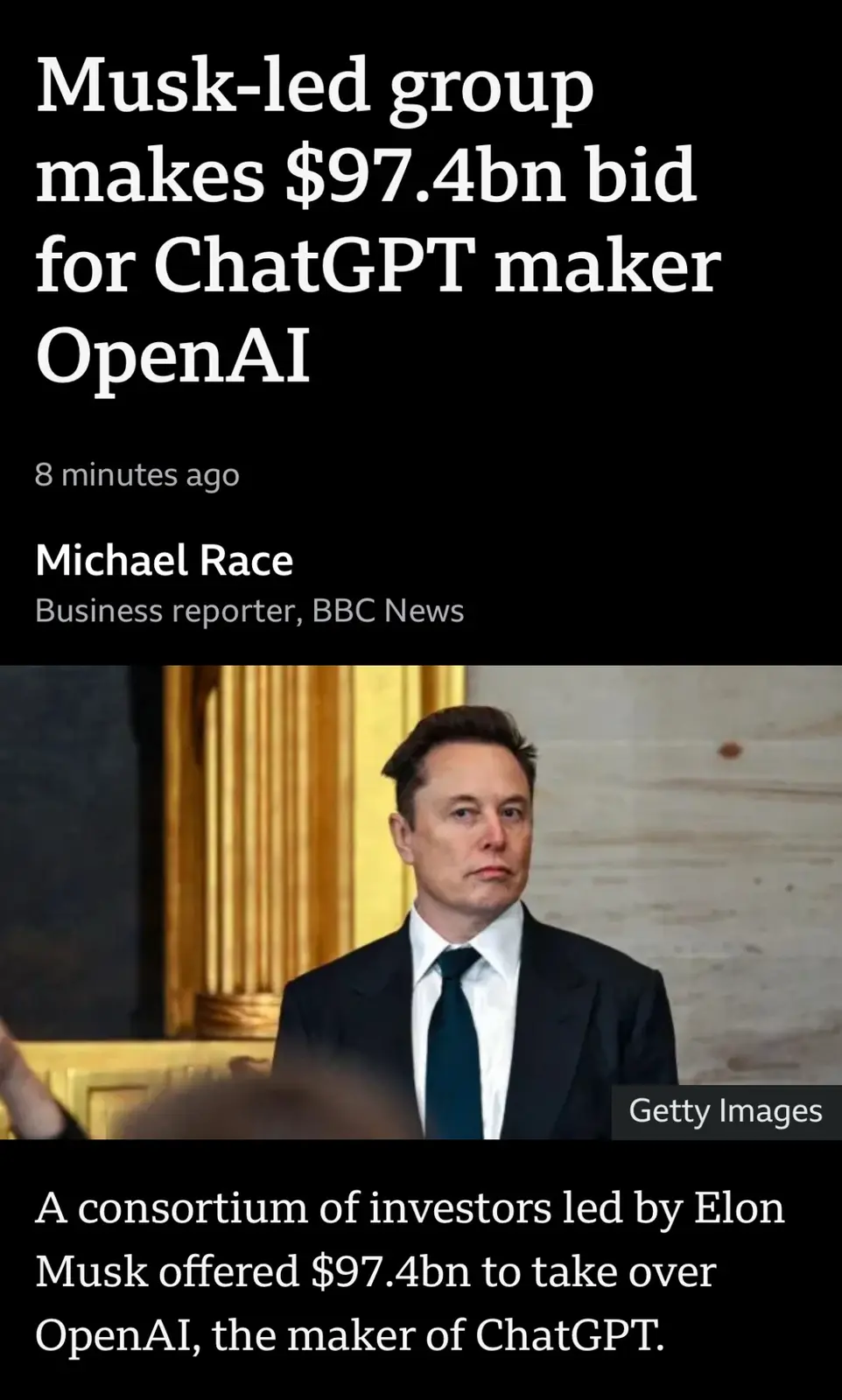 The image displays a news article headline stating 'Musk-led group makes $97.4bn bid for ChatGPT maker OpenAI' with a…